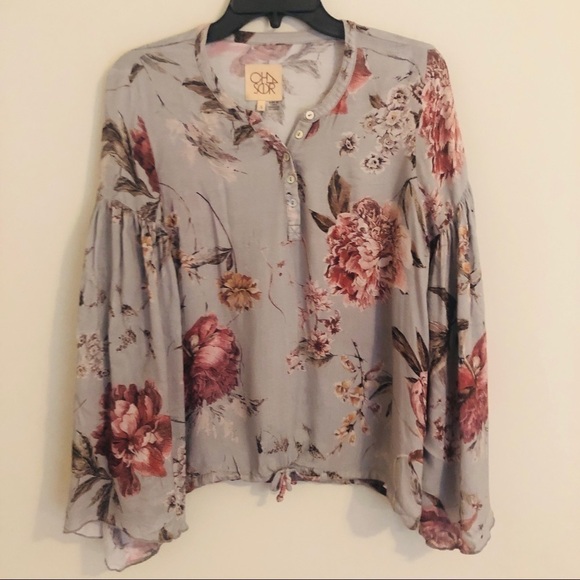 Chaser Floral Bell Sleeve Drawstring Top - Picture 3 of 7